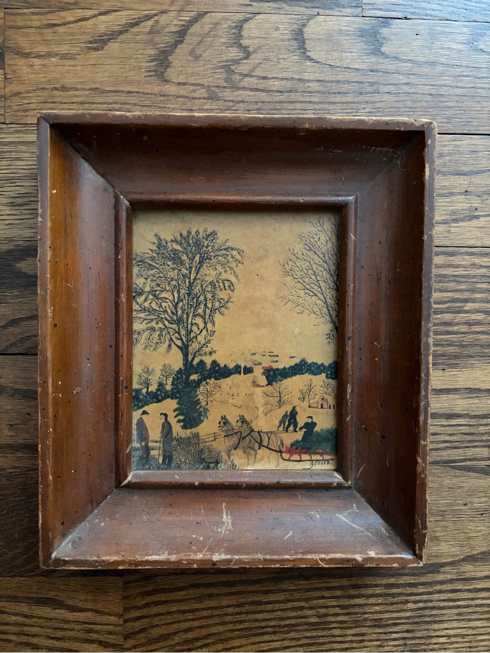 Vintage Grandma Moses Small Wood Framed Print Primitive Americana Winter Farm